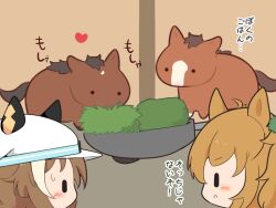  2girls animal animal_ears blush brown_hair character_request cheval_grand_(umamusume) chibi chibi_only commentary_request ears_through_headwear eating gomashio_(goma_feet) grass hat heart horse horse_ears horse_girl multiple_girls parted_lips short_hair translation_request umamusume v-shaped_eyebrows white_hat 