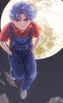  1boy bangs boku_no_chikyuu_o_mamotte closed_mouth clouds etomina floating full_body full_moon hands_in_pockets highres kobayashi_rin looking_at_viewer moon night night_sky overalls parted_bangs purple_hair red_shirt shirt shoes sky solo violet_eyes white_footwear 