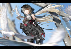  1girl absurdres artist_name assault_rifle bird black_bodystocking black_groza_(girls'_frontline_2) black_leotard black_veil boots breast_curtains breasts brown_hair bullpup commentary_request dove elbow_gloves expressionless floating_hair floating_veil girls'_frontline_2:_exilium girls_frontline gloves gun hair_between_eyes highres leotard long_hair looking_at_viewer low_twintails medium_breasts ots-14_(girls'_frontline) ots-14_groza outdoors rifle solo tetsujin_(mxcp8272) thigh_boots twintails veil very_long_hair weapon white_bird yellow_eyes 