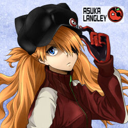  1girl blue_eyes character_name commentary_request english_text evangelion:_3.0_you_can_(not)_redo eyepatch gloves hat hat_tip jacket keita0083 long_hair multicolored_jacket neon_genesis_evangelion orange_hair rebuild_of_evangelion science_fiction serious souryuu_asuka_langley turtleneck turtleneck_jacket upper_body 