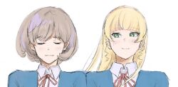  2girls blonde_hair blue_jacket closed_eyes collared_shirt commentary_request green_eyes grey_hair heanna_sumire jacket long_hair looking_at_another love_live! love_live!_superstar!! multiple_girls omo_(moche_moche92) red_ribbon ribbon school_uniform shirt short_hair tang_keke white_background white_shirt yuigaoka_school_uniform 