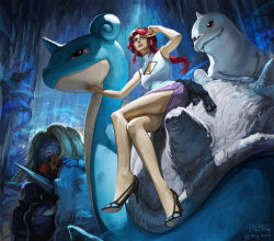  1girl ahoge blue_eyes breasts closed_mouth clouds cloyster colored_skin commentary dewgong english_commentary glasses high_heels highres holding horns jynx lapras long_hair looking_at_viewer lorelei_(pokemon) mcgmark omastar outdoors pencil_skirt pokemon pokemon_(creature) pokemon_firered_and_leafgreen pokemon_focus pokemon_team ponytail purple_skin red_hair riding riding_pokemon shell single_horn skirt sleeveless water 