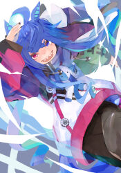  1girl @_@ absurdres ahoge animal_ears ass bana_(stand_flower) blue_eyes blue_hair blush boots brown_leggings coat crossed_bangs drawstring grin heterochromia highres hood hooded_coat hoodie horse_ears horse_girl horse_tail leggings long_hair long_sleeves looking_at_viewer multicolored_coat multicolored_hair multicolored_hoodie open_mouth running sharp_teeth smile solo stuffed_animal stuffed_rabbit stuffed_toy tail teeth twin_turbo_(blast_mode!_turbo_engine)_(umamusume) twin_turbo_(umamusume) twintails umamusume violet_eyes yellow_boots 