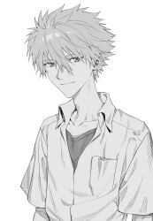  1boy absurdres closed_mouth commentary_request dress_shirt greyscale hair_between_eyes highres himo_(himodayoo) light_smile looking_at_viewer male_focus monochrome nagisa_kaworu neon_genesis_evangelion school_uniform shirt short_hair simple_background solo t-shirt tokyo-3_middle_school_uniform white_background 