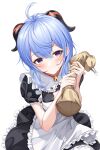  1girl absurdres ahoge alternate_costume apron bangs bell blue_hair blush cream cream_on_face enmaided food food_on_face ganyu_(genshin_impact) genshin_impact highres horns long_hair looking_at_viewer maid maid_apron neck_bell puffy_short_sleeves puffy_sleeves short_sleeves sidelocks smile solo tada_(pixiv41160771) violet_eyes whipped_cream white_background 