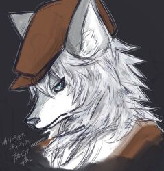  1boy animal_ears black_background brown_hat closed_mouth commentary_request fate/grand_order fate_(series) furry furry_male grey_fur grey_hair hat looking_at_viewer magentaojisan male_focus no_humans patxi_(fate) solo translation_request upper_body wolf_boy wolf_ears 