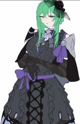  1girl black_dress black_gloves black_hat dress fascinator fire_emblem fire_emblem:_fortune's_weave gloves green_eyes green_hair hat highres jewelry long_bangs necklace ninae_(fire_emblem) purple_ribbon ribbon serafineart1001 simple_background white_background 