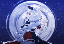  1girl artist_name blue_eyes braid commentary constellation_print cross cross_print dress grey_hair hat long_hair looking_to_the_side moon multicolored_dress nurse_cap print_hat red_cross short_sleeves skirt solo star_(sky) tojorin touhou touhou_lost_branch_of_legend trigram two-tone_dress very_long_hair yagokoro_eirin 