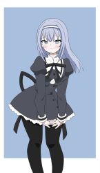  1girl assault_lily black_pantyhose black_skirt blue_background blue_eyes blue_hair blue_hairband blush border closed_mouth commentary cropped_jacket fang fang_out feet_out_of_frame frilled_skirt frills hairband high-waist_skirt highres interlocked_fingers juliet_sleeves leaning_forward long_hair long_sleeves looking_at_viewer miniskirt multicolored_hairband outside_border own_hands_together pantyhose puffy_sleeves raised_eyebrows school_uniform simple_background skirt smile solo standing tsuboi_nanaho two-tone_hairband unu_(yayoinoasagohan) white_border white_hairband yurigaoka_girls_academy_school_uniform 