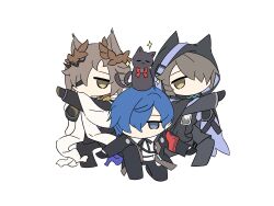  3boys absurdres animal_ears animal_on_head arknights black_cat black_gloves black_jacket blue_eyes blue_hair brown_hair cat cat_boy cat_ears cat_on_head chibi chibi_only chinese_commentary closed_mouth collared_shirt commentary_request crossover dual_persona full_body gekkoukan_high_school_uniform gloves hair_over_one_eye highres honey_peaches ishida_akira_(voice_actor) jacket laurel_crown long_sleeves looking_at_viewer male_focus miss.christine_(arknights) multiple_boys neck_ribbon on_head on_one_knee persona persona_3 phantom_(arknights) ribbon school_uniform shirt short_hair standing tragodia_(arknights) voice_actor_connection white_shirt yellow_eyes yuuki_makoto_(persona_3) 