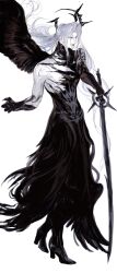  1boy black_boots black_wings boots feathered_wings final_fantasy final_fantasy_vii final_fantasy_vii:_ever_crisis floating_hair grey_hair hayashishisou highres holding holding_sword holding_weapon long_hair male_focus official_alternate_costume parted_bangs sephiroth single_bare_shoulder single_wing solo standing sword weapon white_background wings 