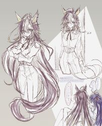  2girls absurdres ahoge animal_ears blue_eyes brown_hair colored_bangs dream_journey_(reminder_of_dreamland)_(umamusume) dream_journey_(umamusume) ear_covers eyewear_strap glasses hair_between_eyes high-waist_pants highres horse_ears horse_girl horse_tail long_hair long_sleeves multicolored_hair multiple_girls neck_ribbon pants partially_colored puffy_sleeves ribbon shirt single_ear_cover sketch streaked_hair tail translation_request tripletiara_tr umamusume white_hair yuri 
