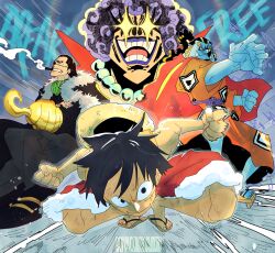  4boys ascot black_hair blue_skin clenched_hands coat colored_skin commentary crocodile_(one_piece) emporio_ivankov fur-trimmed_coat fur_trim green_ascot hair_slicked_back hat highres hook_hand japanese_clothes jewelry jinbe_(one_piece) kimono looking_at_viewer male_focus monkey_d._luffy multiple_boys necklace one_piece orange_kimono outdoors pearl_necklace purple_hair purple_lips red_shorts sandals scar scar_on_face short_hair shorts squatting stitched_face stitches straw_hat taku_(aywakutakuay) 