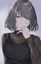  1girl absurdres between_fingers black_hair black_shirt bob_cut breasts cigarette commentary_request garan_(garan0502) highres holding holding_cigarette large_breasts long_sleeves looking_at_viewer mole mole_under_eye nail_polish original red_eyes shirt short_hair smoke smoke_trail smoking solo upper_body 