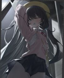  +_+ 1girl bag black_hair blue_archive commentary english_commentary flower_pin grey_eyes grey_halo hair_bobbles hair_ornament halo hat highres kindergarten_bag kindergarten_uniform kisaki_(blue_archive) kisaki_(kiki)_(blue_archive) kisaki_(kindergarten_uniform)_(blue_archive) long_hair looking_at_viewer low_twintails pink_shirt plum_blossom_garden_uniform_(blue_archive) rosu_1109 school_hat shirt skirt solo torn_clothes twintails unfinished yellow_hat 