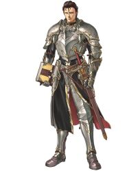  1boy amiba_(nerdamiba) armor armored_boots arms_at_sides black_coat black_eyes black_hair book book_strap boots buckle clenched_hand closed_mouth coat commentary_request couter cuirass cuisses faulds fire_emblem fire_emblem:_thracia_776 fire_emblem_heroes full_body gauntlets greaves hair_slicked_back highres holding holding_book legs_apart male_focus pauldrons reinhardt_(fire_emblem) rerebrace rondel scabbard serious sheath sheathed short_hair shoulder_armor sideways_glance simple_background standing strap sword vambraces weapon white_background 
