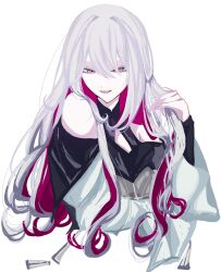  1boy bare_shoulders black_dress black_jacket colored_inner_hair commentary_request cropped_torso dress halterneck highres holding_own_hair jacket long_hair long_sleeves looking_at_viewer m44r0_2_2 multicolored_hair pale_skin pink_eyes pink_hair playing_with_own_hair short_hair smile the_ribbon_hero trap two-tone_hair velvet_(the_ribbon_hero) white_background white_eyes white_hair white_jacket 
