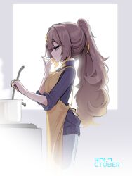  1girl absurdres alternate_costume anya_melfissa apron backlighting blonde_hair blonde_streaks blue_sweater blunt_bangs brown_hair commentary cooking_pot english_commentary fluffy_hair from_side gradient_hair half-closed_eyes high_ponytail highres holding holding_ladle hololive hololive_indonesia jitome ladle long_hair multicolored_hair pants plate ponytail saltnvalk sleeves_rolled_up solo stove streaked_hair sweater tasting_plate turtleneck turtleneck_sweater two-tone_hair vignetting violet_eyes virtual_youtuber wavy_hair wavy_sidelocks white_background white_pants yellow_apron 