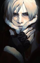  1boy arm_up black_background black_gloves black_jacket blonde_hair blue_eyes closed_mouth commentary fingerless_gloves fur-trimmed_jacket fur_trim gloves highres jacket leon_s._kennedy looking_to_the_side male_focus orang_0182 portrait resident_evil short_hair sideways_glance simple_background solo straight-on 