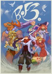  2girls 4boys abs absurdres animal animal_ears antlers arm_wrap armor arms_up artist_logo back_ribbon bangle beads belt belt_buckle bird blonde_hair blue_eyes blue_hair blue_sky book border bracelet braid braided_twintails breasts breath_of_fire breath_of_fire_iii brown_belt buckle bug butterfly cat chest_guard claws closed_mouth commentary_request copyright_name covered_abs covered_collarbone creature day double-parted_bangs dove dress falling_feathers feathered_wings feathers feet_out_of_frame floating_hair floating_ribbon floating_scarf fumezu1 furry furry_male garr_(breath_of_fire) gem gloves gold_bangle grassman_(breath_of_fire) green_eyes green_scarf grey_hairband hair_between_eyes hair_slicked_back hairband hat highres holding holding_animal holding_book holding_cat holding_sword holding_weapon horns hugging_object jacket jewelry large_breasts leather_belt logo long_hair long_sleeves looking_at_viewer momo_(breath_of_fire) multiple_boys multiple_girls muscular muscular_male nina_(breath_of_fire_iii) object_on_head open_clothes open_jacket orange_hair outdoors over_shoulder parted_bangs pauldrons peco_(breath_of_fire) pectorals prayer_beads puffy_short_sleeves puffy_sleeves purple_gem purple_hair red_dress red_eyes red_hair red_hairband red_scarf rei_(breath_of_fire) ribbon ryu_(breath_of_fire_iii) scarf short_dress short_hair short_sleeves shoulder_armor sidelocks single_bracer sky smile sword sword_over_shoulder teepo_(breath_of_fire) toy toy_robot twintails very_long_hair weapon weapon_over_shoulder white_bird white_border white_feathers white_gloves white_ribbon white_wings wide_sleeves wind wing_clan_(breath_of_fire) wings woren yellow_butterfly 