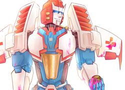  autobot blood blue_eyes grin highres mecha no_humans oceanapril pharma pink_blood robot simple_background smile solo the_transformers_(idw) transformers upper_body white_background 