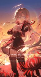  1girl 86_-eightysix- absurdres adjusting_hair belt bird black_jacket black_skirt black_thighhighs blue_eyes clouds colored_eyelashes commentary enoharatoki evening falling_petals feet_out_of_frame field floating_hair flower flower_field from_below garter_straps hands_up high-waist_skirt highres holding holding_flower jacket lens_flare long_bangs long_hair long_sleeves looking_at_viewer open_clothes open_jacket petals red_flower red_hair red_petals red_theme shirt single_hair_streak skirt sky solo spider_lily star_(symbol) sun sunset thigh-highs thighs vladilena_millize white_eyelashes white_hair white_shirt 