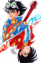  2boys black_hair blue_jacket blue_shirt brothers brown_eyes closed_mouth commentary_request goggles goggles_on_head gold_collar guitar guitar_strap hair_over_one_eye hijiriiyaa horn_(instrument) ichirou_(kikaider) instrument instrument_on_back jacket jinzou_ningen_kikaider jiro_(kikaider) kikaider_(series) looking_at_viewer male_focus marker_(medium) multiple_boys one_eye_covered red_jacket red_shirt shirt short_hair siblings simple_background sketch split_screen traditional_media upper_body white_background 