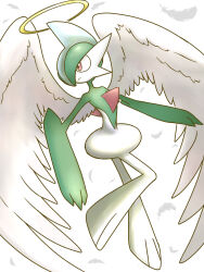  1boy angel blue_hair closed_mouth colored_skin commentary_request feathered_wings feathers frown full_body gallade green_hair green_skin hair_over_one_eye halo leg_up looking_to_the_side male_focus mohawk monya multicolored_hair multicolored_skin one_eye_covered pokemon pokemon_(creature) red_eyes short_hair simple_background solo traditional_halo two-tone_hair two-tone_skin white_feathers white_skin white_wings wings yellow_halo 