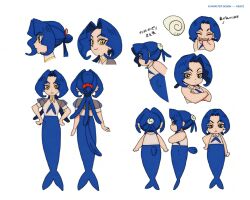  1girl blue_hair character_name crossed_arms english_text full_body grace_(sayonara_lara) hair_bun hair_tie highres laughing long_hair merfolk mermaid monster_girl multiple_expressions multiple_views neckerchief official_art ponytail portrait production_art reference_sheet sayonara_lara shell shirt short_hair turnaround white_background yellow_eyes 