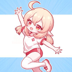  1girl 967shiro ahoge alternate_costume arm_up blonde_hair blush commentary_request cowboy_shot genshin_impact hair_between_eyes highres klee_(genshin_impact) leg_up looking_at_viewer open_mouth pointy_ears red_eyes red_shorts shirt shoes short_sleeves short_twintails shorts simple_background solo thigh-highs twintails white_shirt white_shoes white_thighhighs 