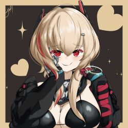  absurdres bikini black_bikini black_coat blonde_hair coat girls'_frontline_2:_exilium girls_frontline hair_ornament hairclip hand_on_own_face headphones highres looking_at_viewer m4_sopmod_ii_(girls'_frontline) mechanical_arms multicolored_hair red_eyes red_hair scarf soppo_(girls'_frontline_2) swimsuit yasaitsume 