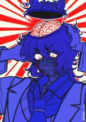  1girl absurdres agnes_tachyon_(umamusume) ahoge animal_ears arms_up blood blood_from_eyes brain chemical_structure collared_shirt ear_ornament earrings furrowed_brow hako_owo hands_on_own_hips highres horse_ears horse_girl jewelry long_hair long_sleeves messy_hair necktie no_mouth shaded_face shirt single_earring solo sweatdrop umamusume 