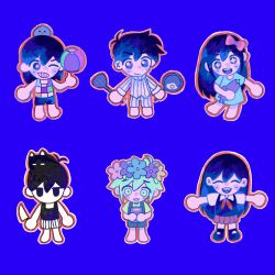  2girls 4boys antenna_hair aubrey_(headspace)_(omori) aubrey_(omori) ball barefoot basil_(headspace)_(omori) basil_(omori) black_eyes black_hair black_shoes black_tank_top blue_background blue_overalls blue_shirt blush book bow bright_pupils brother_and_sister brothers cat checkered_clothes chibi chibi_only closed_mouth collared_shirt colored_skin commentary double-parted_bangs flower flower_wreath fried_egg frying_pan green_eyes green_hair green_shirt grin hair_between_eyes hair_bow head_wreath hector_(omori) hero_(headspace)_(omori) hero_(omori) highres holding holding_ball holding_book holding_frying_pan holding_spatula holding_stuffed_toy kel_(headspace)_(omori) kel_(omori) long_hair long_shirt long_sleeves looking_at_viewer mari_(headspace)_(omori) mari_(omori) mewo mr._plantegg_(omori) multiple_boys multiple_girls neckerchief no_mouth omori omori_(omori) one_eye_closed open_mouth outstretched_arms overall_shorts overalls pajamas pants pet_rock pink_bow pleated_skirt pratoocheee purple_hair purple_shorts purple_sweater_vest red_neckerchief red_skirt shirt shoes short_hair short_sleeves shorts siblings sidelocks simple_background skirt smile spatula striped_clothes striped_pajamas striped_pants striped_shorts stuffed_eggplant stuffed_toy sweater_vest t-shirt tank_top teeth upper_teeth_only vertical-striped_clothes vertical-striped_pajamas vertical-striped_pants vertical-striped_shorts violet_eyes white_pajamas white_pants white_pupils white_shirt white_shorts white_skin 