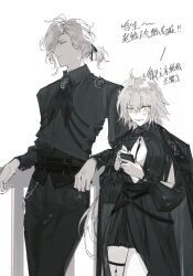  1boy 1girl acid_(t566cs7a) ahoge black_corset black_dress black_pants black_shirt chest_harness chinese_commentary chinese_text clothing_cutout coat coat_on_shoulders commentary_request corset cowboy_shot dress earrings edmond_dantes_(fate) fate/grand_order fate_(series) grey_hair hair_ribbon harness highres holding holding_phone jeanne_d'arc_alter_(fate) jewelry long_hair pants phone ponytail ribbon shirt short_hair simple_background translation_request white_background yellow_eyes 