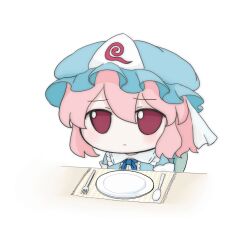  1girl animated animated_gif azuma_meri blue_hat commentary_request eating food fork fumo_(doll) hat highres looping_animation mob_cap onigiri pink_eyes pink_hair plate saigyouji_yuyuko short_hair simple_background solo spoon touhou triangular_headpiece upper_body white_background 