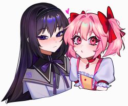 2girls :o absurdres akemi_homura akemi_homura_(magical_girl) artist_name black_hair black_hairband black_shirt blush bow bowtie buttons center_frills choker closed_mouth collarbone collared_shirt colored_inner_hair commentary dress eyelashes frilled_dress frilled_sleeves frills gem hair_between_eyes hair_bow hairband half-closed_eyes heart highres jacket jewelry kaname_madoka kaname_madoka_(magical_girl) long_hair long_sleeves looking_at_viewer magical_girl mahou_shoujo_madoka_magica mahou_shoujo_madoka_magica_(anime) mizah_(mizah) multicolored_hair multiple_girls open_mouth pendant pink_dress pink_eyes pink_hair puffy_short_sleeves puffy_sleeves puritan_collar purple_bow purple_bowtie purple_eyes purple_hair red_bow red_choker red_gem shirt short_hair short_sleeves sidelocks simple_background twintails two-tone_dress untranslatable_commentary very_long_hair white_background white_jacket wide-eyed yellow_dress