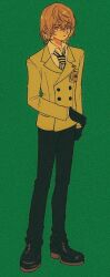  1980s_(style) 1boy akechi_goro black_gloves black_pants black_shoes brown_hair buttons collared_shirt double-breasted faux_retro_artstyle film_grain full_body gloves green_background hair_behind_ear heavy_film_grain jacket layered_sleeves long_sleeves looking_at_viewer male_focus necktie pants persona persona_5 pikurusu red_eyes retro_artstyle shirt shoes short_hair simple_background solo standing striped_clothes striped_necktie white_shirt wing_collar 