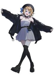  1girl alternate_costume belt black_belt black_choker black_hat black_jacket black_shoes black_socks blonde_hair blue_eyes breasts choker dress eillish_a_sve full_body grey_dress hair_ornament hairclip halter_dress halterneck hat highres jacket kagamine_rin looking_at_viewer o-ring o-ring_choker open_clothes open_jacket open_mouth outstretched_arms over-kneehighs parallel_hairclips shoes short_hair simple_background sleeveless sleeves_past_wrists small_breasts smile socks thigh-highs vocaloid white_background 
