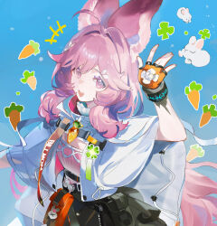  +++ 1girl :d animal_ear_fluff arknights arm_up black_skirt blue_background capelet carrot chinese_commentary commentary_request cowboy_shot fingerless_gloves flipped_bangs fujian_yoyo gloves hair_ornament highres infection_monitor_(arknights) long_hair looking_at_viewer material_growth open_hand orange_gloves oripathy_lesion_(arknights) pink_eyes pink_hair rabbit rabbit_girl skirt smile solo teeth thumpy_(arknights) upper_teeth_only waving white_capelet 