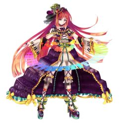  1boy belt bow breasts capelet closed_mouth covered_navel detached_sleeves dress full_body gradient_eyes green_bow green_eyes hat long_dress long_hair medium_breasts mini_hat mini_top_hat multicolored_eyes namine_ritsu piano_print purple_dress purple_hat red_hair simple_background smile solo sygnallost top_hat trap utau violet_eyes yellow_bow 