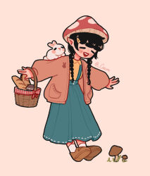  1girl animal_on_shoulder artist_name bag basket black_hair blue_skirt blunt_bangs blush braid bread cardigan cheumi closed_eyes commentary english_commentary food full_body hair_ornament hairclip hands_up hat highres holding holding_basket long_skirt long_sleeves mushroom mushroom_hat open_mouth orange_shirt pointy_ears rabbit rabbit_on_shoulder shirt simple_background skirt solo twin_braids 