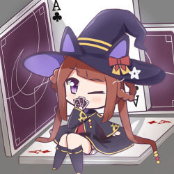  1girl ace_(playing_card) ace_of_clubs ace_of_diamonds animal_ears animal_hat apricotlemontea black_boots black_hat black_robe blush boots bow braid brown_hair card chibi club_(shape) commentary_request covered_mouth diamond_(shape) fake_animal_ears fold-over_boots grey_background hair_rings hat holding holding_card horse_ears knee_boots long_sleeves one_eye_closed playing_card pleated_skirt red_bow robe simple_background sitting skirt solo sweater_vest sweep_tosho_(platanus_witch)_(umamusume) sweep_tosho_(umamusume) twin_braids twintails umamusume white_skirt wide_sleeves witch_hat 