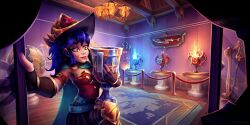  1girl absurdres bandages banner belt blue_fire blue_hair breasts cape chandelier commentary commission dang_(runescape) display duellist's_cap_(tier_6) ear_piercing english_commentary fingerless_gloves fire gladiator globe gloves glowing_hat gold_trim green_belt green_cape hat highres holding holding_trophy indoors khopesh leg_armor leotard long_hair map medium_breasts mulebris old_school_runescape orange_eyes original piercing polearm poleyn red_leotard reflective_floor rug runescape second-party_source skirt smile solo spiked_ear_piercing stanchion sun_symbol thick_eyebrows trident trophy weapon wooden_floor world_map yellow_eyes 