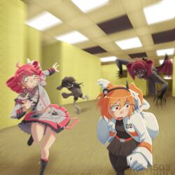  4girls a.i._voice absurdres adachi_rei backrooms_(creepypasta) belt black_shirt bow brain_rot_(synthesizer_v) drill_hair eminarts503 grey_skirt highres jacket kasane_teto kasane_teto_(sv) looping_the_rooms_(vocaloid) looping_the_rooms_girl multiple_girls musical_staff musical_staff_print open_clothes open_jacket orange_belt orange_eyes orange_hair radio_antenna red_hair red_trim ribbon running scared shirt shoulder_belt shoulder_boards skirt sleeve_cuffs striped_clothes striped_jacket synthesizer_v twin_drills vocaloid white_bow white_jacket white_ribbon 