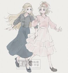  2girls alternate_costume black_cardigan black_shoes blonde_hair blue_eyes blue_skirt bow breasts brown_shoes cardigan celes_chere closed_mouth dissidia_duellum_final_fantasy dissidia_final_fantasy ff14hioo_oo7 final_fantasy final_fantasy_vi full_body hair_bow jewelry loafers locked_arms long_hair long_skirt medium_breasts multiple_girls necklace open_mouth parted_bangs pink_bow pink_eyes pink_sweater ponytail shoes skirt smile sweater terra_branford walking white_background white_skirt 