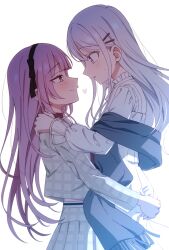  2girls bang_dream! bang_dream!_our_notes black_hairband commentary dress from_side grey_eyes grey_shawl hairband izumi_houka lifting_person long_hair long_sleeves midriff_peek multiple_girls one_eye_covered parted_lips profile shawl shiomi_hotaru small_sweatdrop smile un403lucky very_long_hair violet_eyes white_dress yuri 