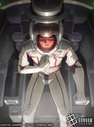  1boy banagher_links cockpit commentary_request copyright_notice english_text gundam gundam_card_game gundam_unicorn logo looking_at_viewer malo_(mlpmpmp) mecha mecha_pilot_suit mobile_suit normal_suit_(gundam) official_art pilot pilot_chair robot science_fiction sunrise_(company) title 