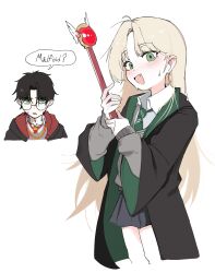  1boy 1girl absurdres alternate_eye_color black_hair blush cardcaptor_sakura commentary diagonal-striped_clothes diagonal-striped_necktie embarrassed fuuin_no_tsue genderswap genderswap_(mtf) green_eyes green_necktie grey_sweater harry_potter harry_potter_(series) highres hogwarts_school_uniform holding holding_wand long_hair long_sleeves malfoid miniskirt necktie open_clothes open_mouth open_robe red_necktie robe school_uniform short_hair simple_background skirt striped_clothes striped_necktie sweatdrop sweater wand white_background wizarding_world wldrnbag19 