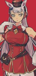  1girl adjusting_collar animal_ears arm_up belt belt_pouch black_belt black_hat blue_ribbon breasts buttons double-breasted dress eyelashes gloves gold_ship_(red_strife)_(umamusume) gold_ship_(umamusume) hair_ribbon hat highres horse_ears horse_girl large_breasts leggings long_hair looking_to_the_side neck_ribbon official_alternate_costume pantyhose parted_lips pikurusu pillbox_hat pink_eyes pouch red_background red_dress red_ribbon ribbon sideways_glance simple_background sleeveless sleeveless_dress solo sweat umamusume very_long_hair white_gloves white_hair white_leggings 