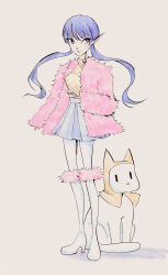  1girl animal black_eyes blue_skirt boots cat clenched_hand cloak closed_mouth clothed_animal commentary dot_nose ear_covers english_commentary full_body fur-trimmed_boots fur_jacket fur_trim grey_background happy high-waist_skirt high_heel_boots high_heels highres hood hood_up hooded_cloak hyperxlove infinity_nikki jacket knee_boots light_smile lipstick long_hair long_sleeves looking_to_the_side low_twintails makeup miniskirt momo_(nikki) nikki_(series) open_clothes open_jacket pantyhose parted_lips pink_jacket pink_lips pleated_skirt pointy_ears purple_hair shadow shirt simple_background skirt solid_oval_eyes stylist_(nikki) turtleneck turtleneck_shirt twintails violet_eyes wavy_hair white_boots white_cat white_pantyhose yellow_cloak yellow_shirt 